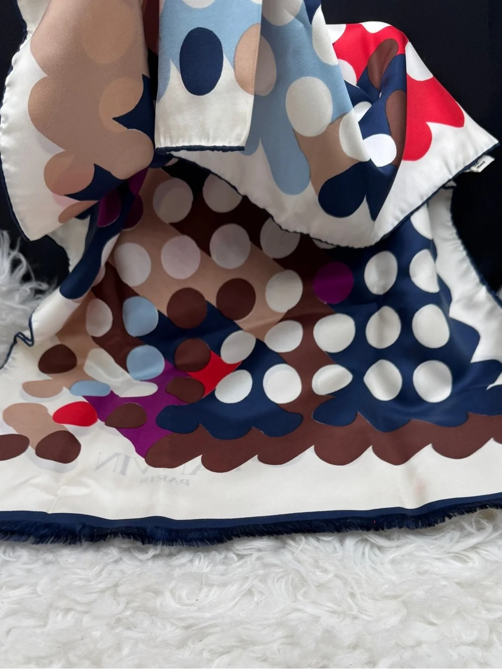 Lanvin Silk Scarf in Navy, Brown, White, Light Blue & Magenta with original box
